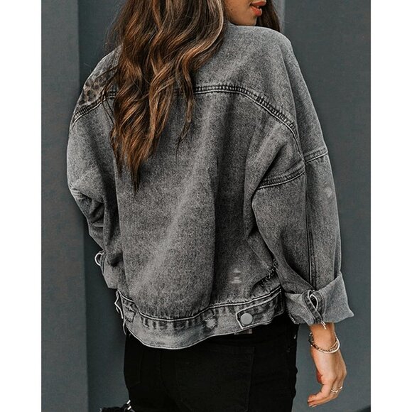Women's Loose Button Down Cropped Denim Jacket Long Sleeves Cheetah Grey - Picture 3 of 6